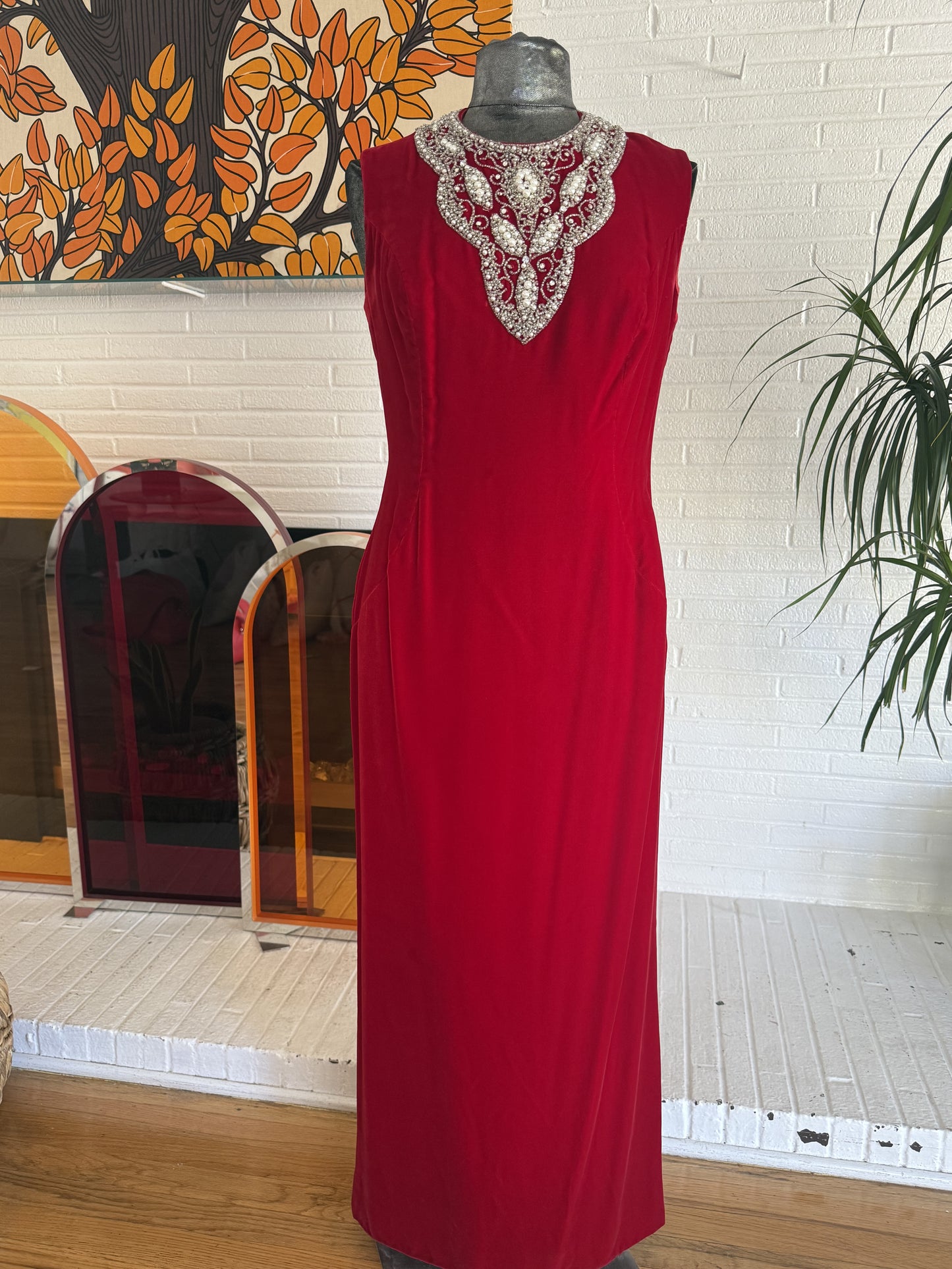 60's Pearl Red Velvet Dress